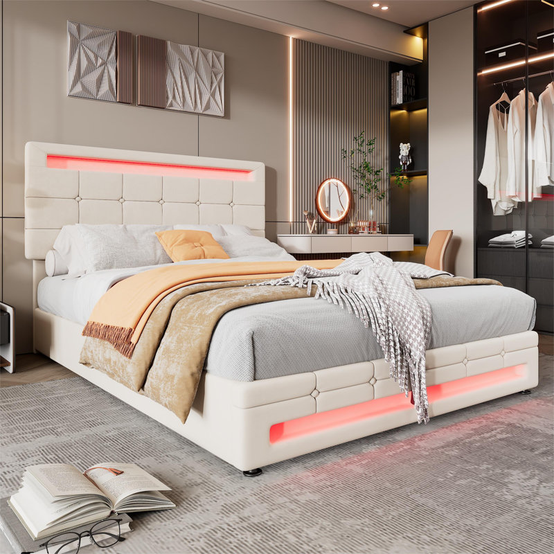 4Ft6 Double Bed Velvet Upholstered Bed With 7 Colors LED-Light Strips, Beige