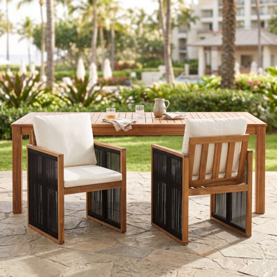 Tavin Outdoor Modern Organic Acacia Wood  Dining Chairs With Woven Rope Back, Arms, And Cushions