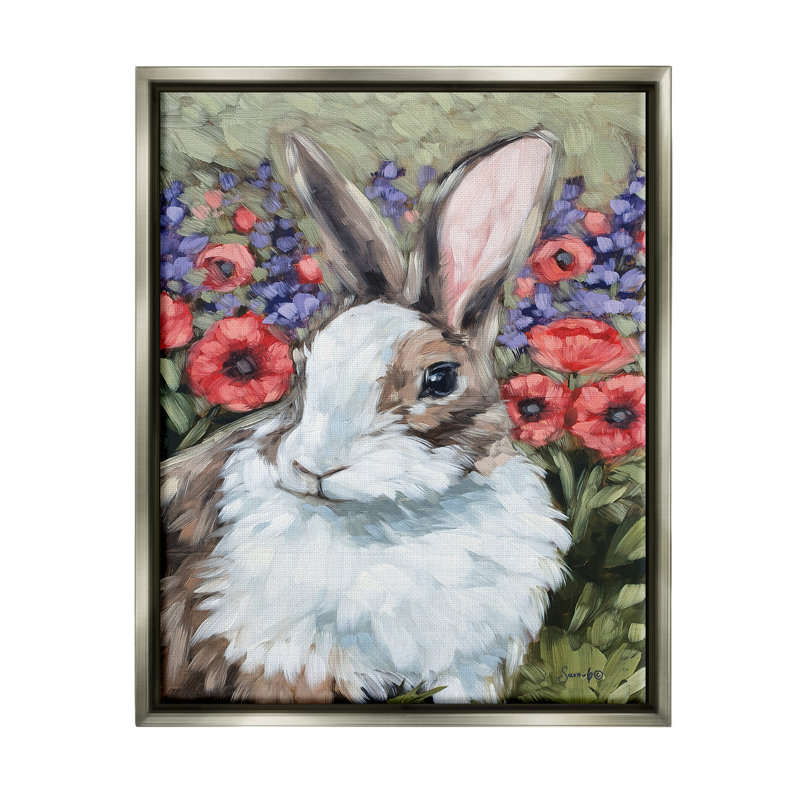 Lapin fleur prairie nature - peinture, H 21 po x l 17 po x P 1,7 po, Cadre flottant gris lustré