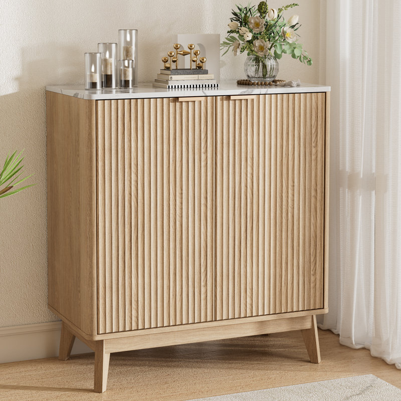 Seyla 31.5'' Sideboard with Solid Wood Legs & 2 Adjustable Shelves, Double Curved Fluted Door, Natrual Oak/Stone
