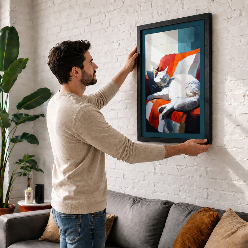 Cat on Colourful Stripes Modern 1 Piece Single Picture Frame Wall Art, A1 - 84.1 x 59.4 cm, Oak