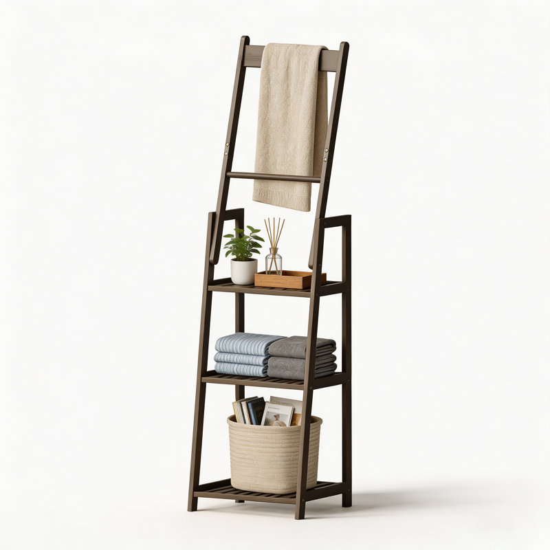 Porte-serviettes échelle en bambou avec étagères de rangement à 3 niveaux, porte-serviettes de salle de bain sur pied en noyer