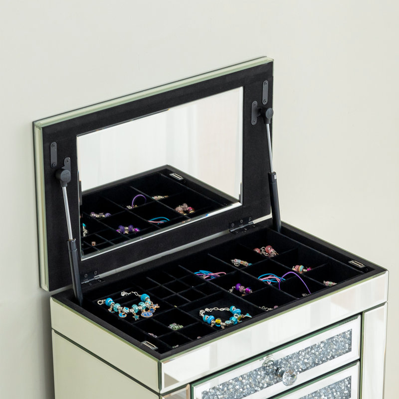 Annalecia 130Cm Hollywood Style Mirrored Makeup Vanity with 13 Drawers & 50Cm 6-Drawer Chest Vanity Set, Silver/White