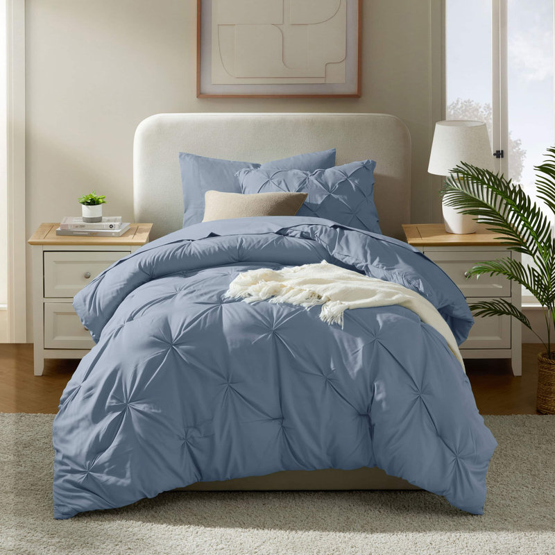 Bed-in-A-Bag Pleated Comforter Set with Bed Sheets, Stone Blue, Twin Comforter + 4 Additional Pieces