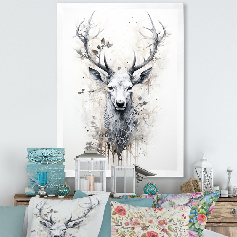 Portrait de cerf noir et blanc sur toile, H 44 po x l 34 po x P 1,5 po, Cadre simple blanc
