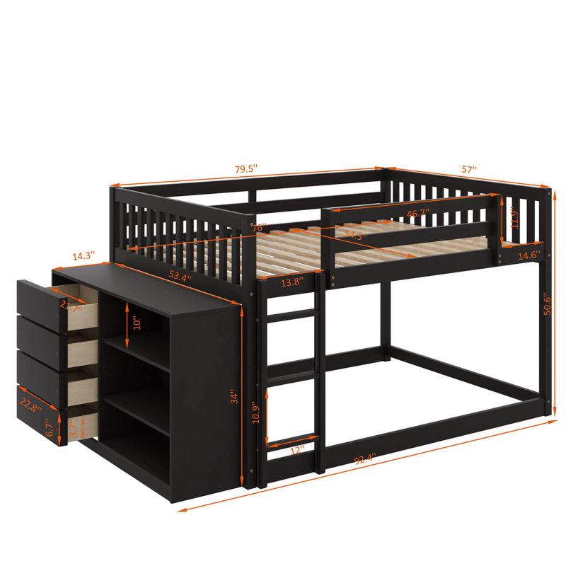 Lit superposé double au-dessus de double avec tiroirs et tablettes, Espresso