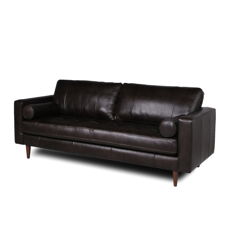 Canapé en cuir Mid-Century, 3 sièges, coussins 3, mousse haute résilience, pieds en bois massif, 86,36 po Profondeur x 35,3 largeur Hauteur
