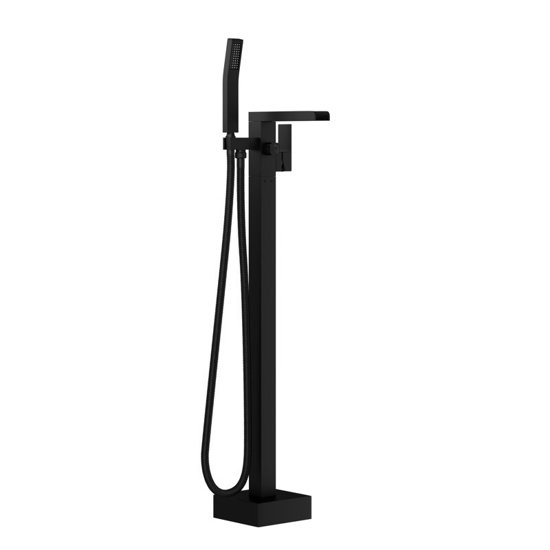 Freestanding Bathtub Faucet With Waterfall Tub Filler And Hand Shower, 360 Rotatable Spout, Dual Temperature Regulation, Brass Base Matte Black Faucet, 59" - Kink Hose, Control For Relaxing Water