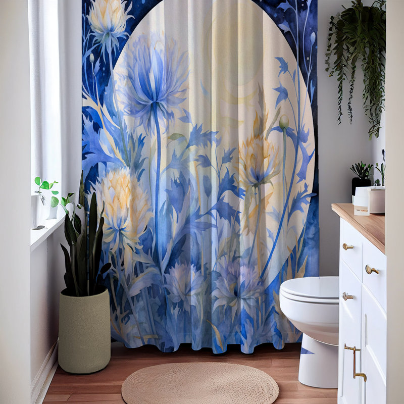Abstract Shower Curtain, 93" H x 70" W, Blue/Yellow Floral