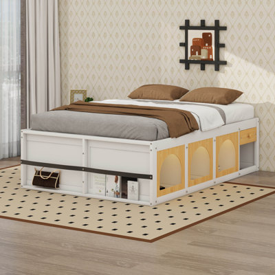Wooden Platform Bed Frame With Bookshelf Headboard, Led Lights, Display Cabinet Storage Drawer