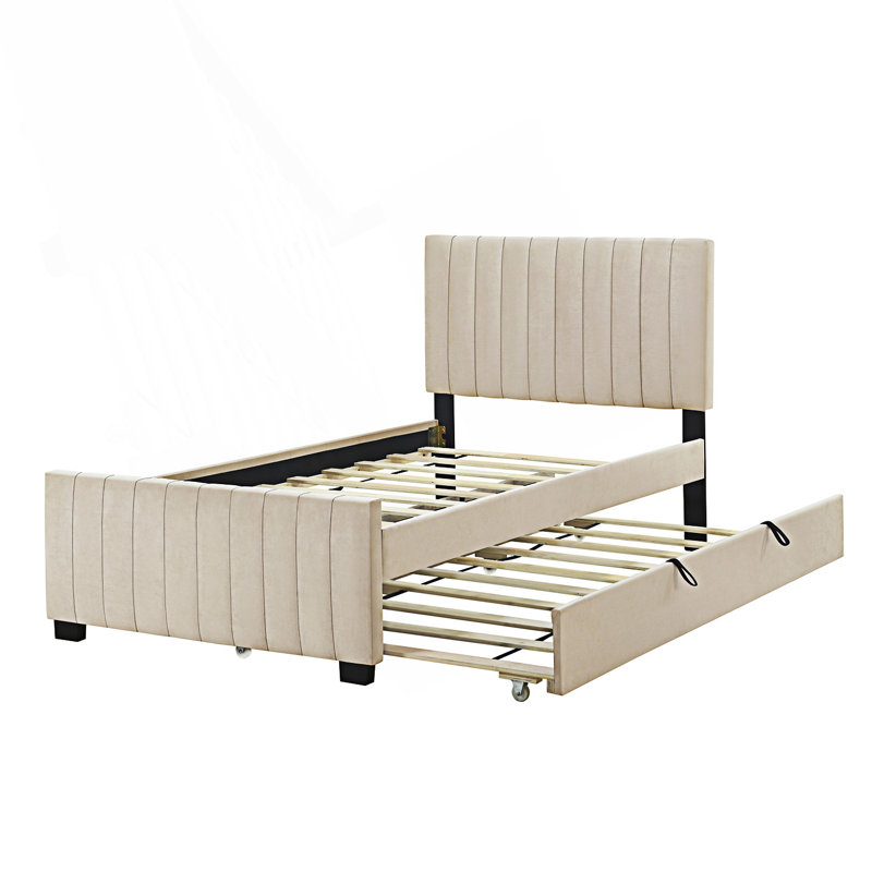 Velvet Upholstered Platform Bed with Trundle, Beige, Twin