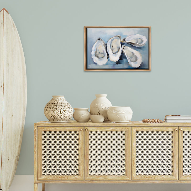 «Four Oysters Impression» par Petal Prints Design, Cadre flottant orme Montalcino, H 17 po x l 25 po