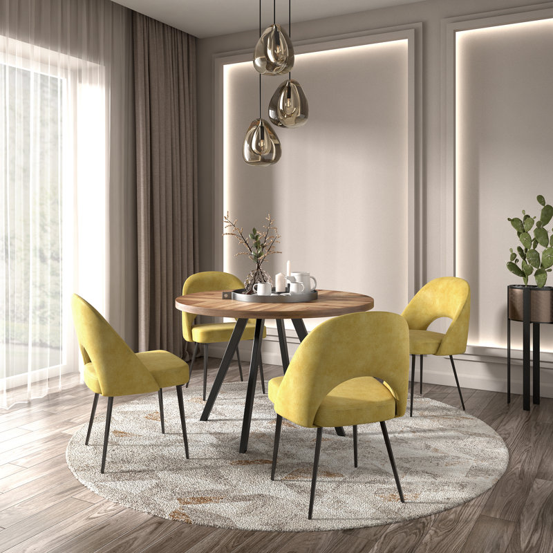 Aurthur 45" Round Dining Table And Upholstered Dining Chairs Set - Yellow Pu, Yellow