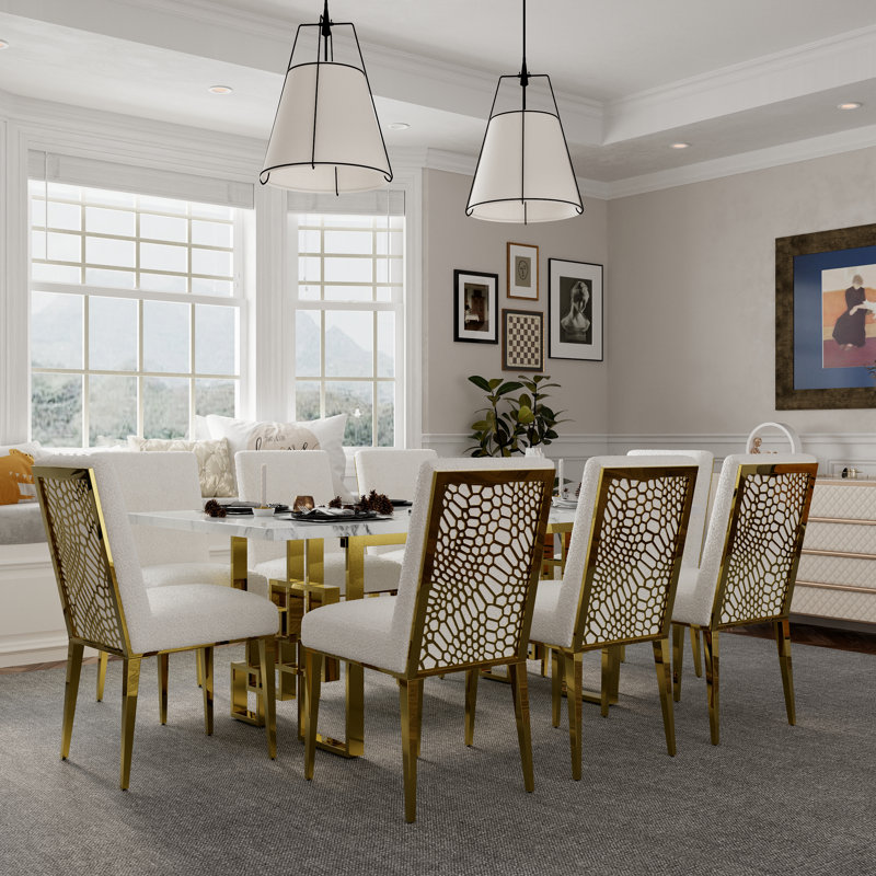 78 Inch Rectangular Faux Marble Dining Table With Polished Geometric Base, Gold