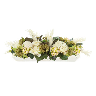 Hydrangea and Pampas Fall Centerpiece in a Wood Planter