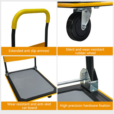 Flatbed Cart, 660lbs Heavy Duty Capacity Platform Hand Truck 360 Degree Swivel Wheels Foldable Push Hand Cart for Loading and Storage, Warehouse-Yellow