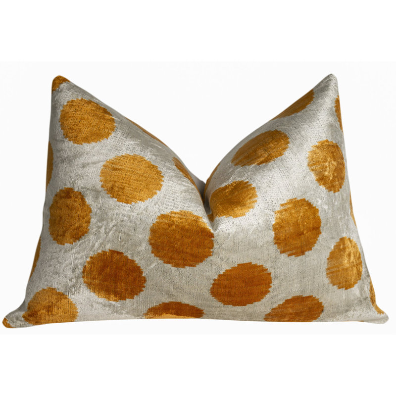 Coussin en velours fait à la main - Motif à pois moutarde doré, 16 x 24 po