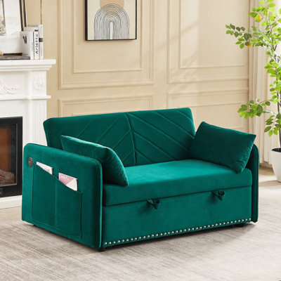 MH" Sleeper Sofa Bed W/USB Port, 3-In-1 Adjustable Sleeper With Pull-Out Bed, 2 Lumbar Pillows And Side Pocket, Soft Velvet Convertible Sleeper Sofa Bed, Suitable For Living Room Bedroom