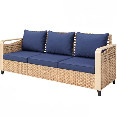 Jardin avec siège de 70,9 po de largeur, 23,6 po de profondeur, 2,8 po, brun, coussins en coton PP bleu foncé, structure en métal, support de 792 lb, patio à fermeture à glissière facile à nettoyer avec assise large, charge verticale en PE,