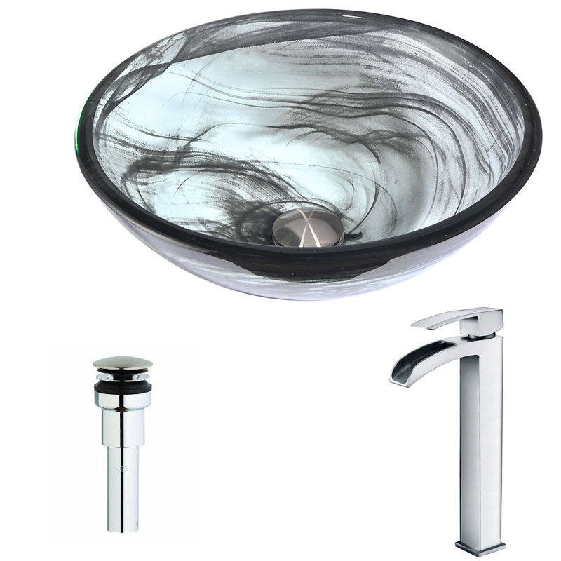 ANZZI Mezzo 16.5'' Emerald Wisp Tempered Glass Circular Bathroom Sink with Faucet, Polished Chrome