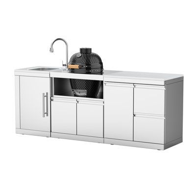 VESTIVIUM 3-Piece Modular Outdoor Kitchen Island – Liquid Propane Gas Kamado Grill, Sink Module & Storage Cabinet, White Quartz Countertop, Stainless Steel