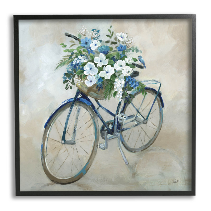 Fleur, fleurs, panier à vélo, estampe numérique par Nan, H 17 po x l 17 po x P 1,5 po, Giclée encadrée noir minuit