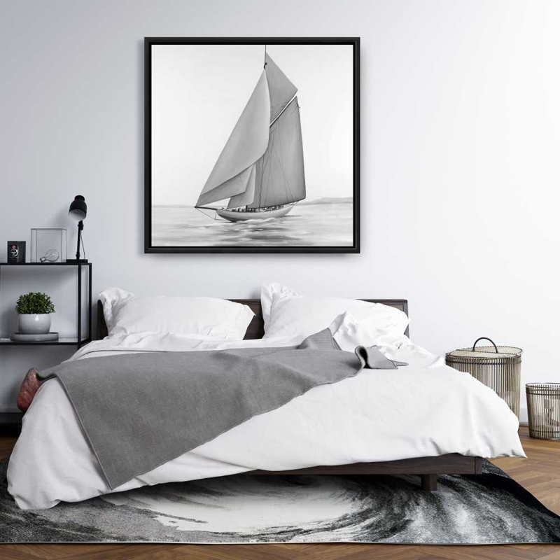 Voilier rétro - décor de toile encadrée bord de mer blanc, H 37,25 po x l 37,25 po