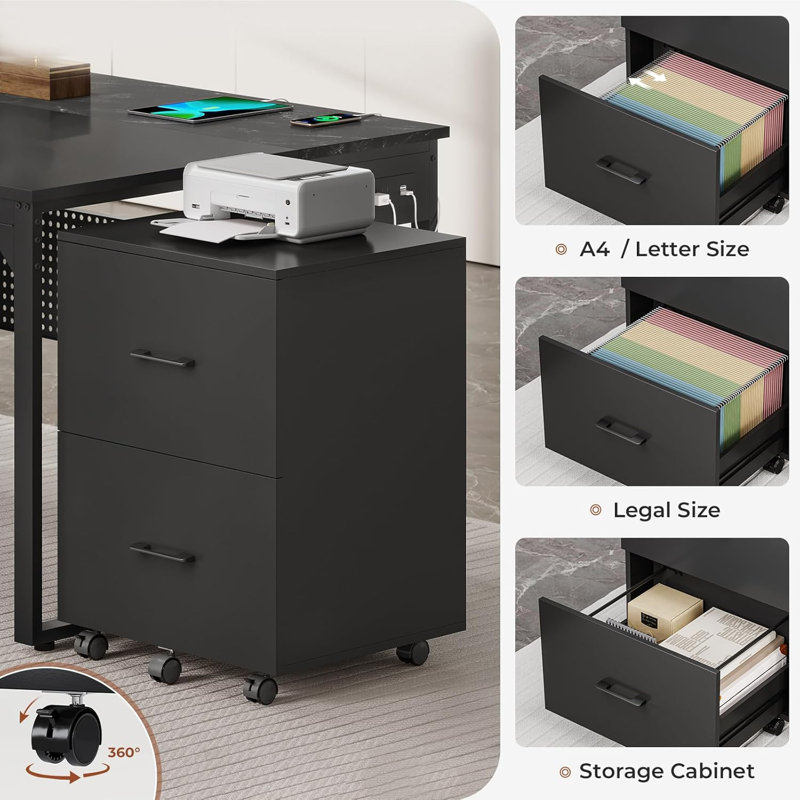 71" L-Shaped Executive Desk with Mobile File Cabinet and Power Outlets, Marble Black