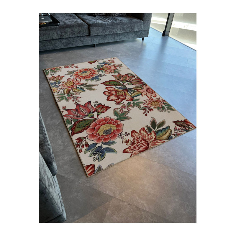Tapis beige décoratif multicolore à motif de roses et de feuilles beige lavable à la machine
