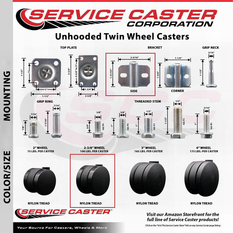 2-3/8 Inch Nylon Twin Wheel Casters with Side Mounting Bracket – Set of 4 - SCC