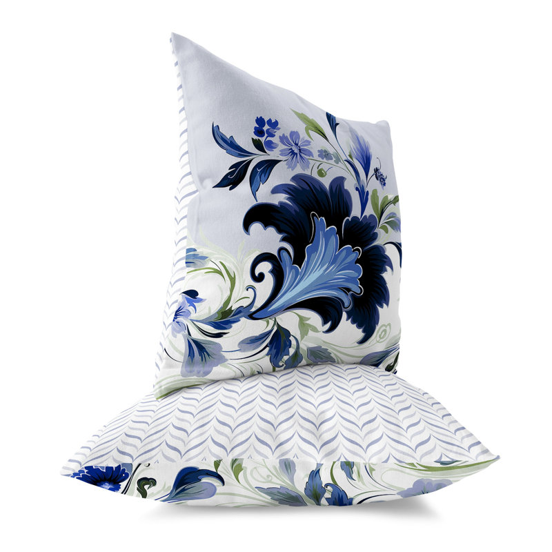 Blue and Green Damask Square Indoor/Outdoor Throw Pillow