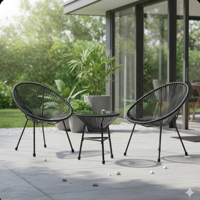 3-Piece Acapulco Wicker Patio Bistro Set With 2 Black Chairs & Glass Table