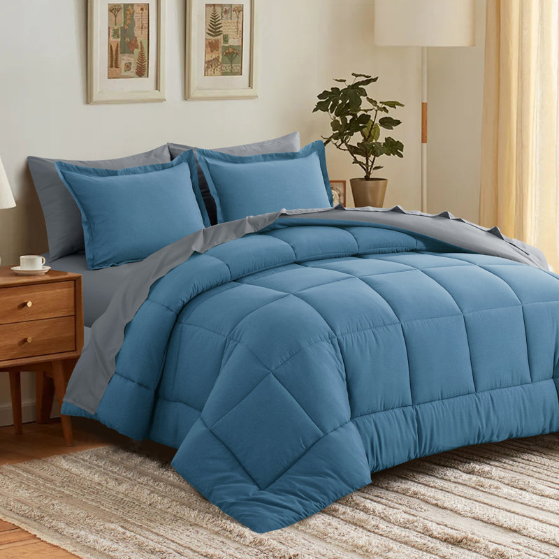 Ensemble d'édredon en microfibre 5/7-pièces , Édredon pour grand lit simple + 4 pièces supplé, Bleu ardoise/gris