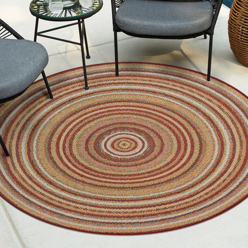 Tapis d'intérieur / extérieur à motif géométrique bourgogne / beige Xavi, Rond 10pi
