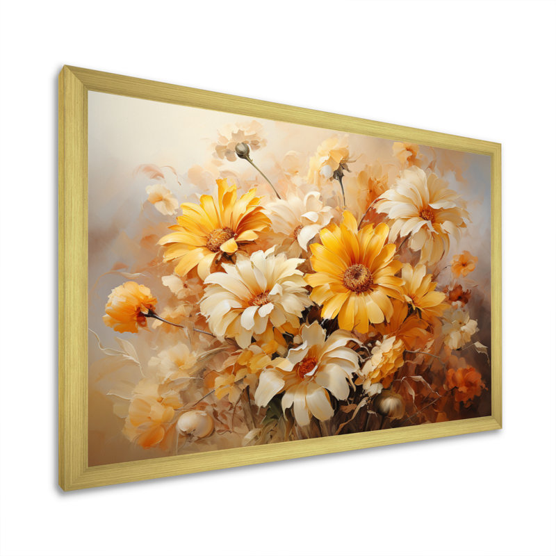 Impression romantique sur toile, tournesols beiges beige IV, Encadrement doré, H 30 po x l 40 po x P 1,5 po