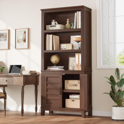 71 Inch Tall Bookcase, 5 Tier Farmhouse Bookshelf with Doors & Adjustable Shelf, Wooden Dispaly Cabinet, Narrow Storage Cabinet Accent Furniture for Small Spaces Apartments, Brown