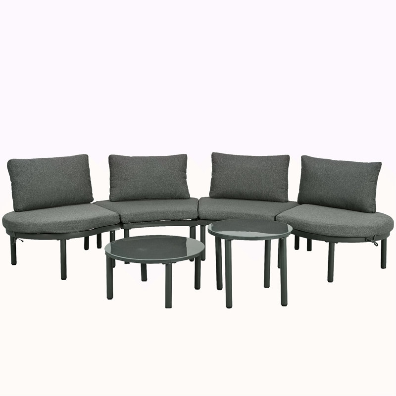 6-Piece Patio Sofa Furniture Set, Half Moon Outdoor Sectional Sofa With 2 High-Low Coffee Tables, PE Wicker Rattan, Tempered Glass, 4 Pillows & Cushions, For Backyard, Garden, Poolside