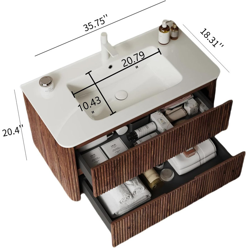 36" Modern Bathroom Vanity with Single Ceramic Basin and 2 Drawers, and 14"Side Cabinet Set
