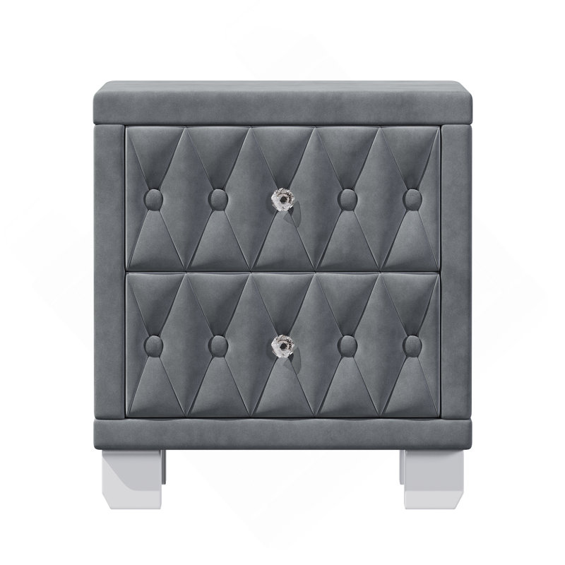2-Drawer Upholstered Nightstand, Gray
