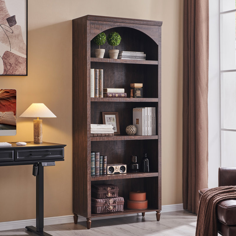 76" Tall Arched Bookcase, 5-Tier Large Arched Shelving Unit with Adjustable Shelves, Featuring Storage and Open Display Shelves