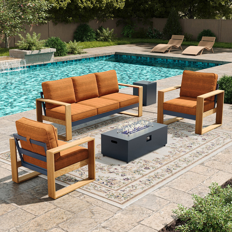  4 Pieces Aluminum Patio Furniture Set With Fire Pit Table, Oversized Seat With Hight Back Outdoor Conversation Sets, Orange