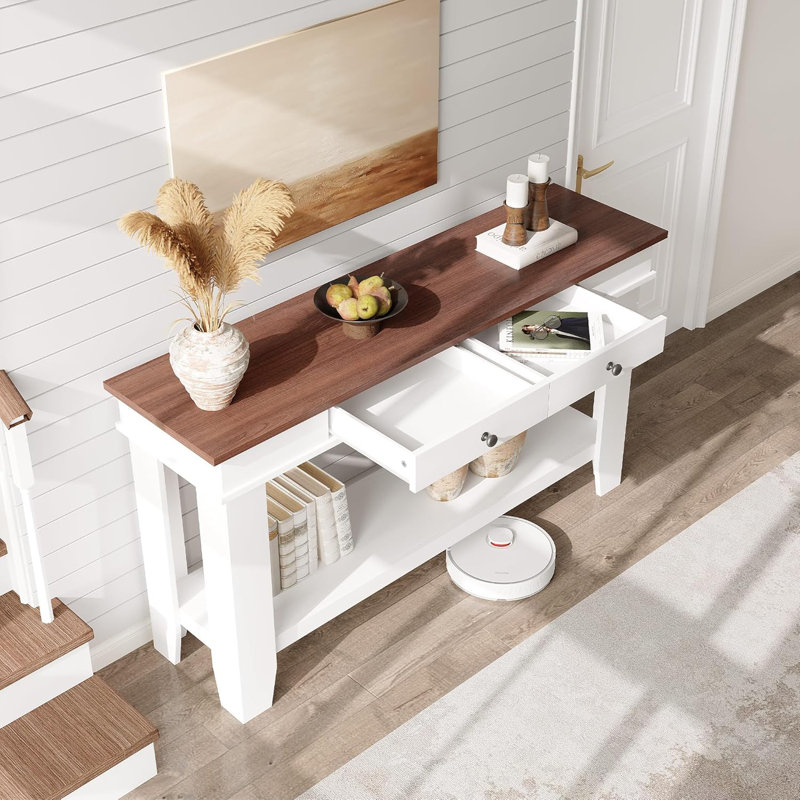 Farmhouse Console Table for Behind Couch, 54-Inch Long Entryway Table with Drawers & Open Storage Shelf, Brown/White