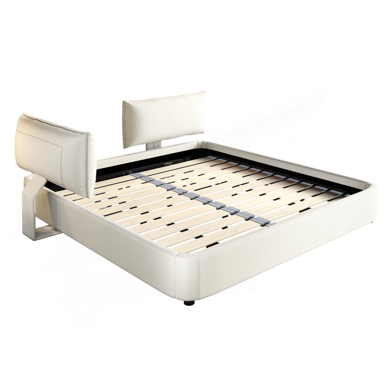 Très grande base de lit Cloud avec tête de lit mobile surdimensionnée et rembourrée, lit tapissier en chenille avec coin rond, support double en lattes de métal et de bois, aucun sommier nécessaire, beige / blanc