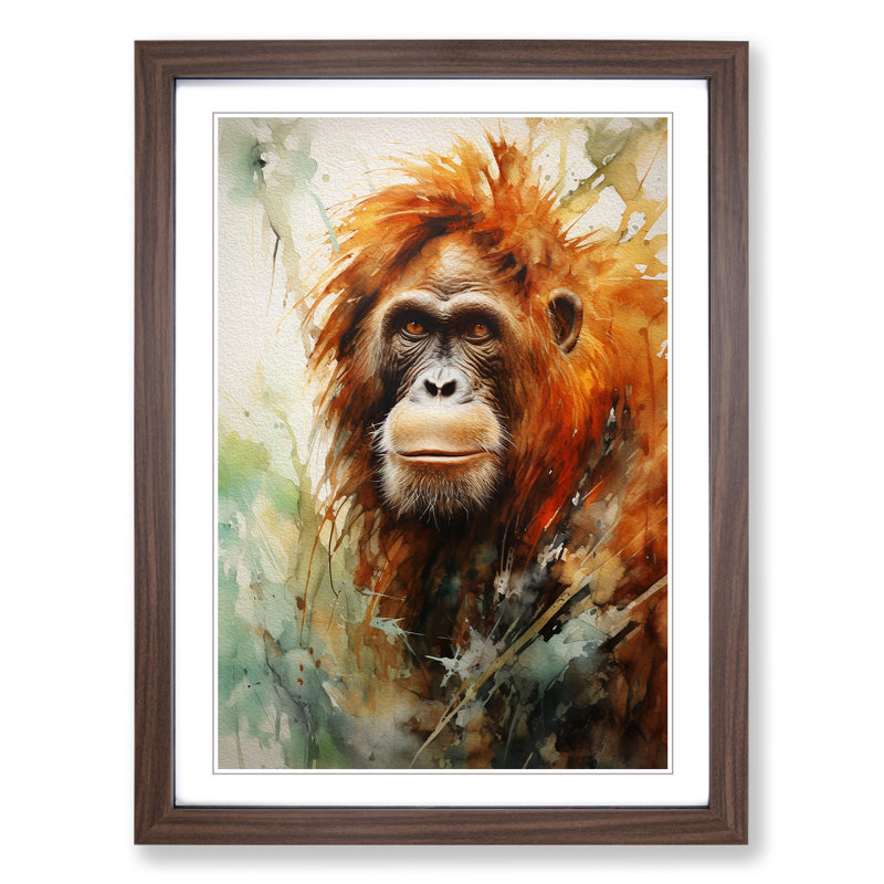 Orangutan Expressionism - Single Picture Frame Print on Wood, Walnut Framed, 64cm H x 46cm W x 2cm D