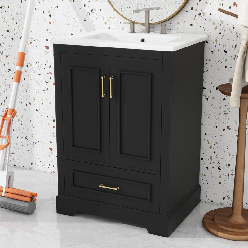 Meuble-lavabo élégant avec lavabo en céramique, 2 portes et 1 tiroir, Noir