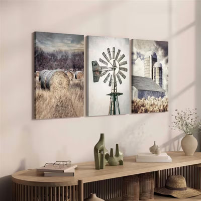 Rustic Farmhouse Windmill 3-Piece Set Wall Art Giclée Print 30" H x 60" W - Living Room Decor