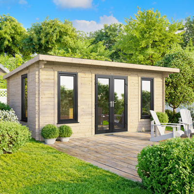 Powersheds 18 x 10ft Pent Log Cabin, Doors Central - 44mm