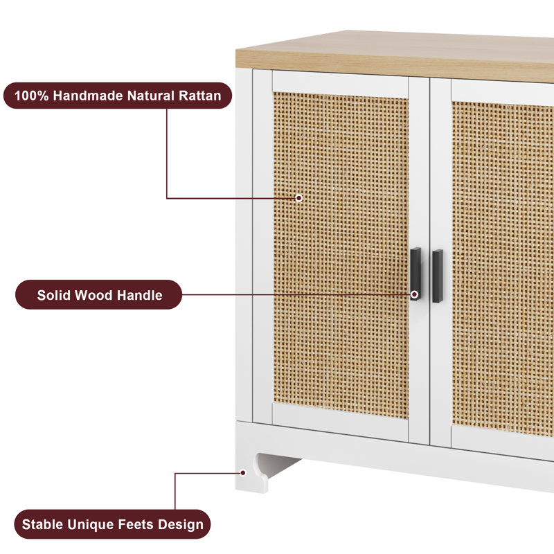 White and Natural Rattan 4-Door Buffet Cabinet with Shelf