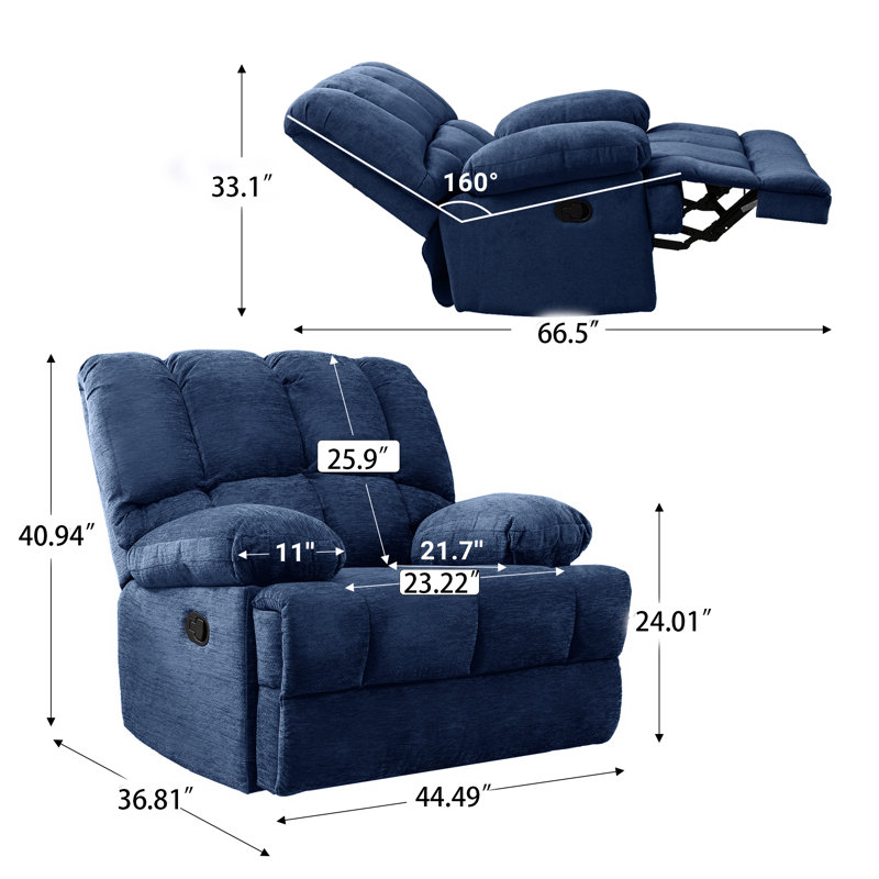 Brisen 44.5'' Wide Upholstered Recliner, Blue Polyester, 41.33" H x 44.48" W x 29.92" D