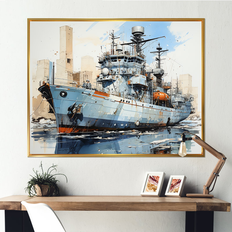 Marine armée, bateau, frégate III - Art mural militaire, Cadre flottant doré, H 24 po x l 32 po x P 1 po